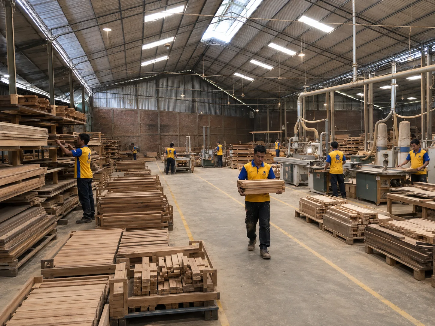 Editorial visualization of furniture makers inspecting Indonesian plantation teak boards in Jepara