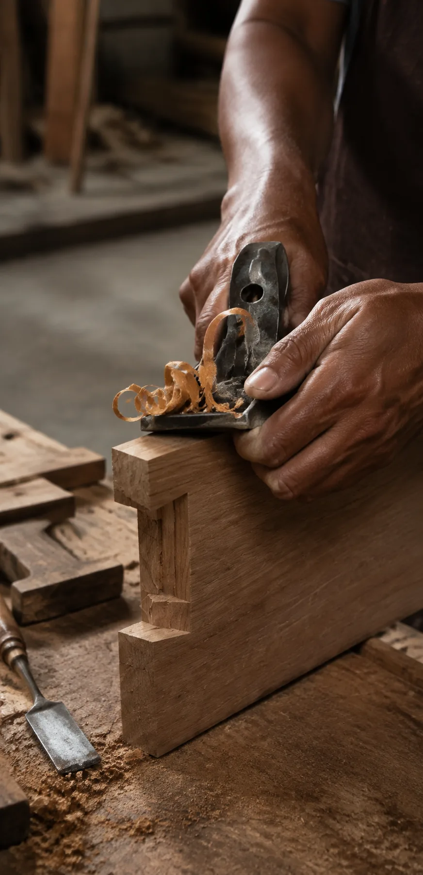 Editorial visualization of a Jepara furniture artisan hand-planing an Indonesian plantation teak component