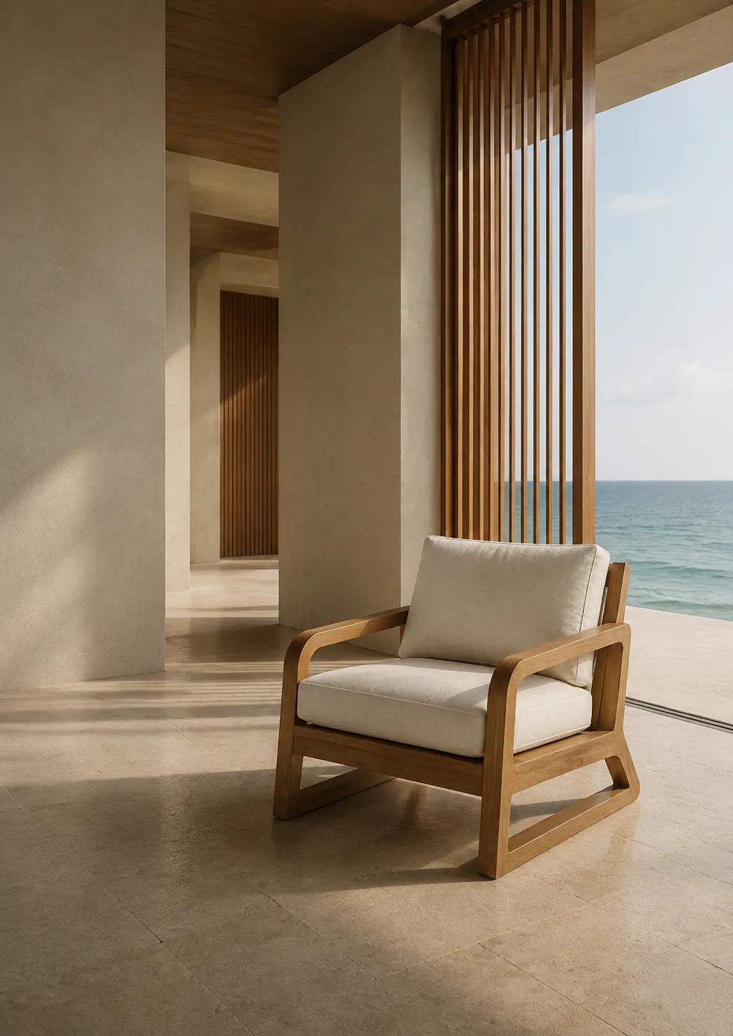 Bentwood Sculptural Teak Accent Chair in a restrained architectural interior