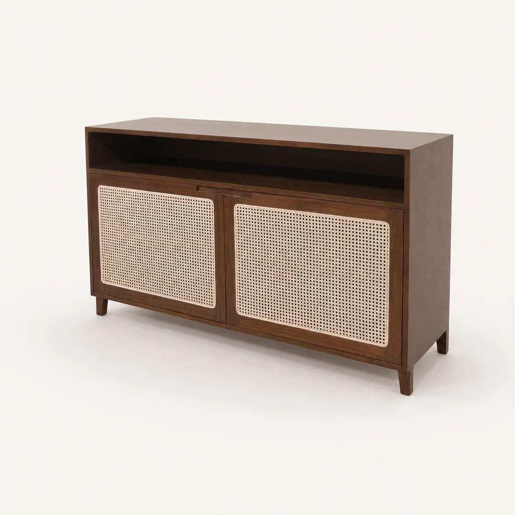 Cane Front Teak Storage Sideboard