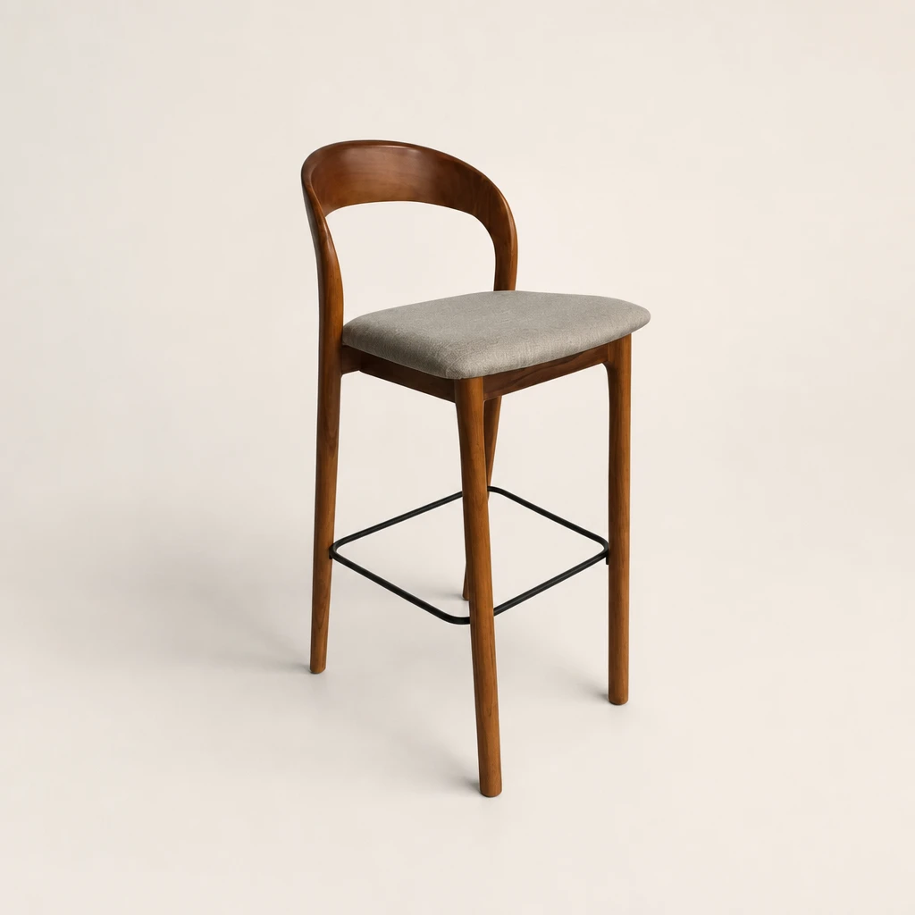 Curved Back Upholstered Teak Bar Stool