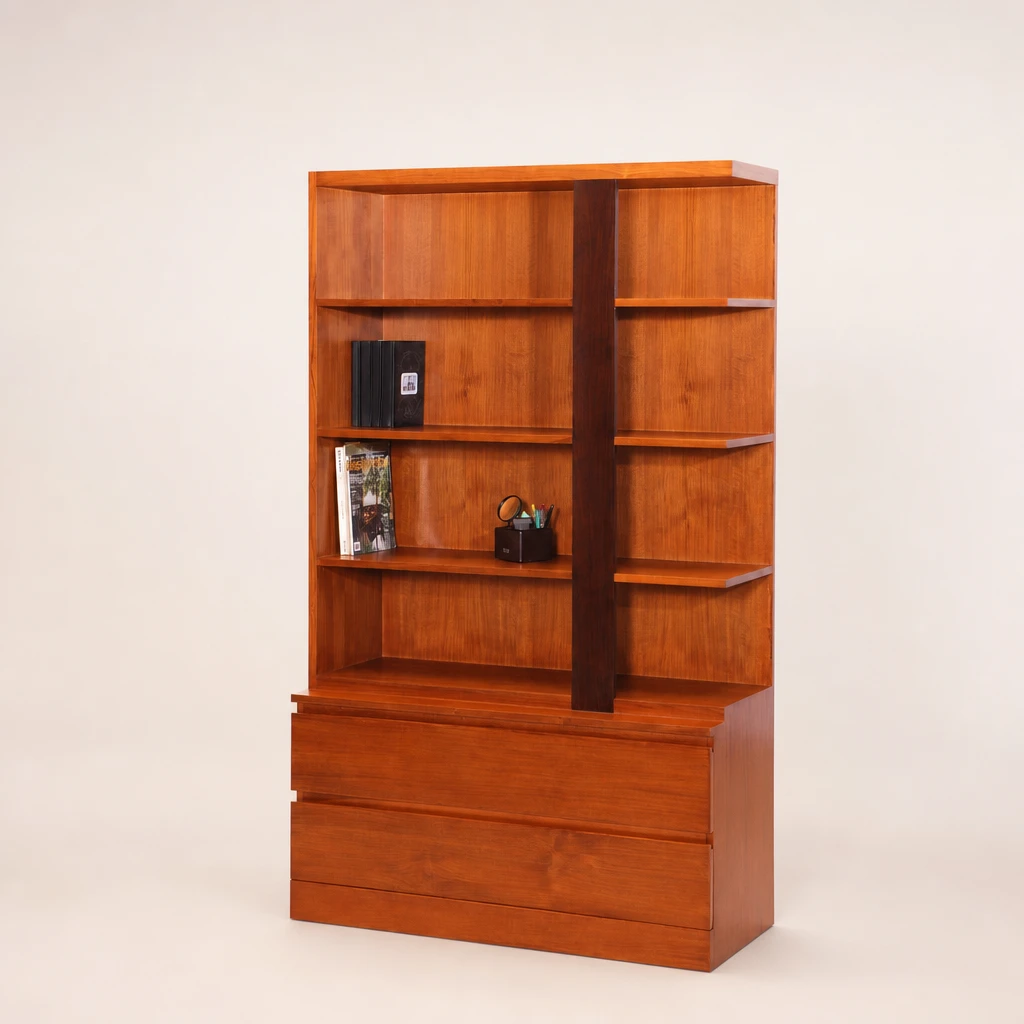 Double-Bay Teak Bookcase with Drawers