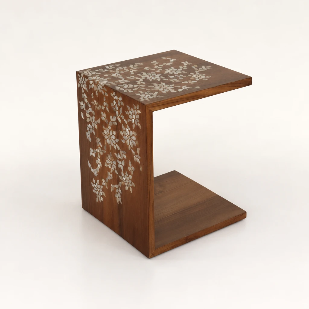 Inlaid C-Shaped Teak Bedside Table