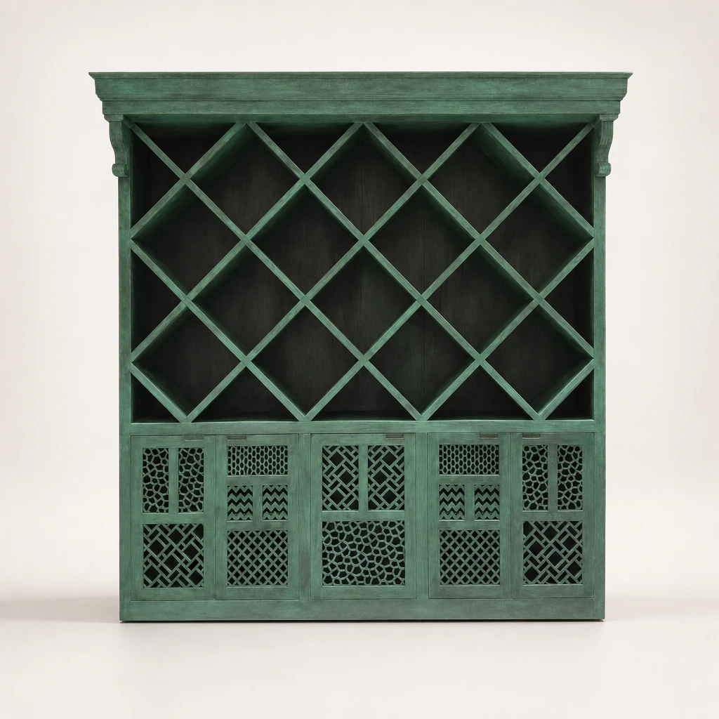 Lattice Front Teak Wine Display Cabinet