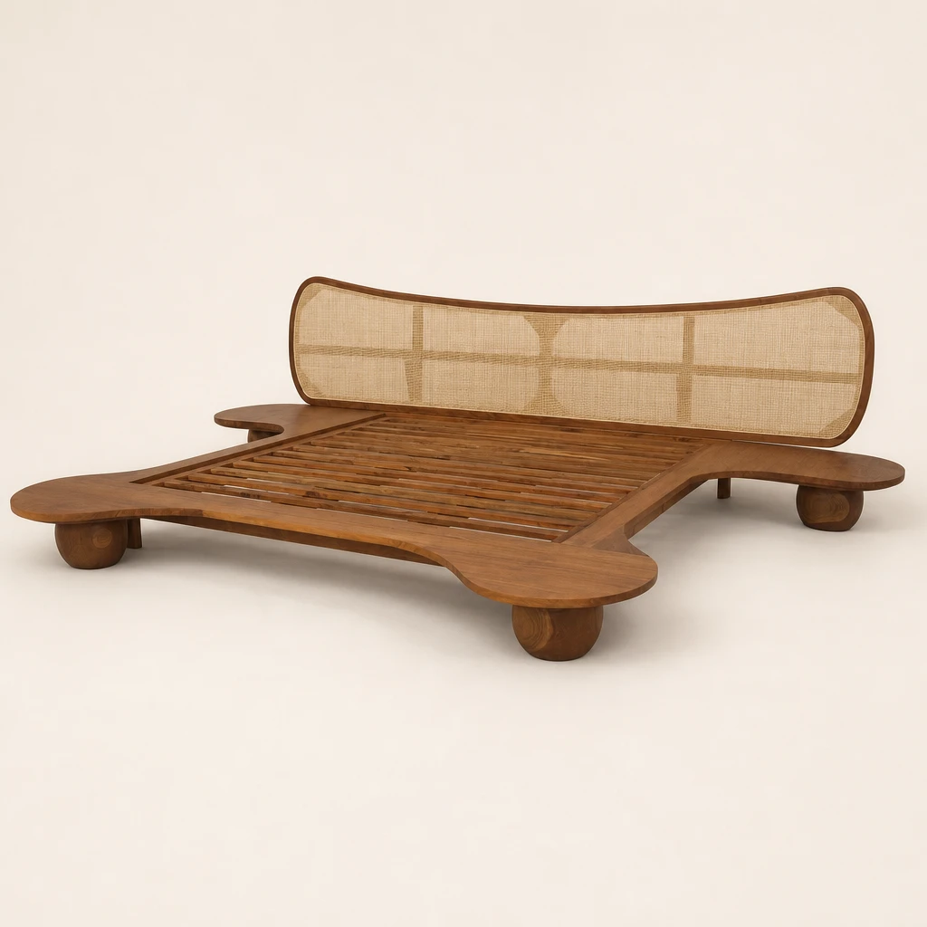 Low Platform Teak Bed with Cane Headboard