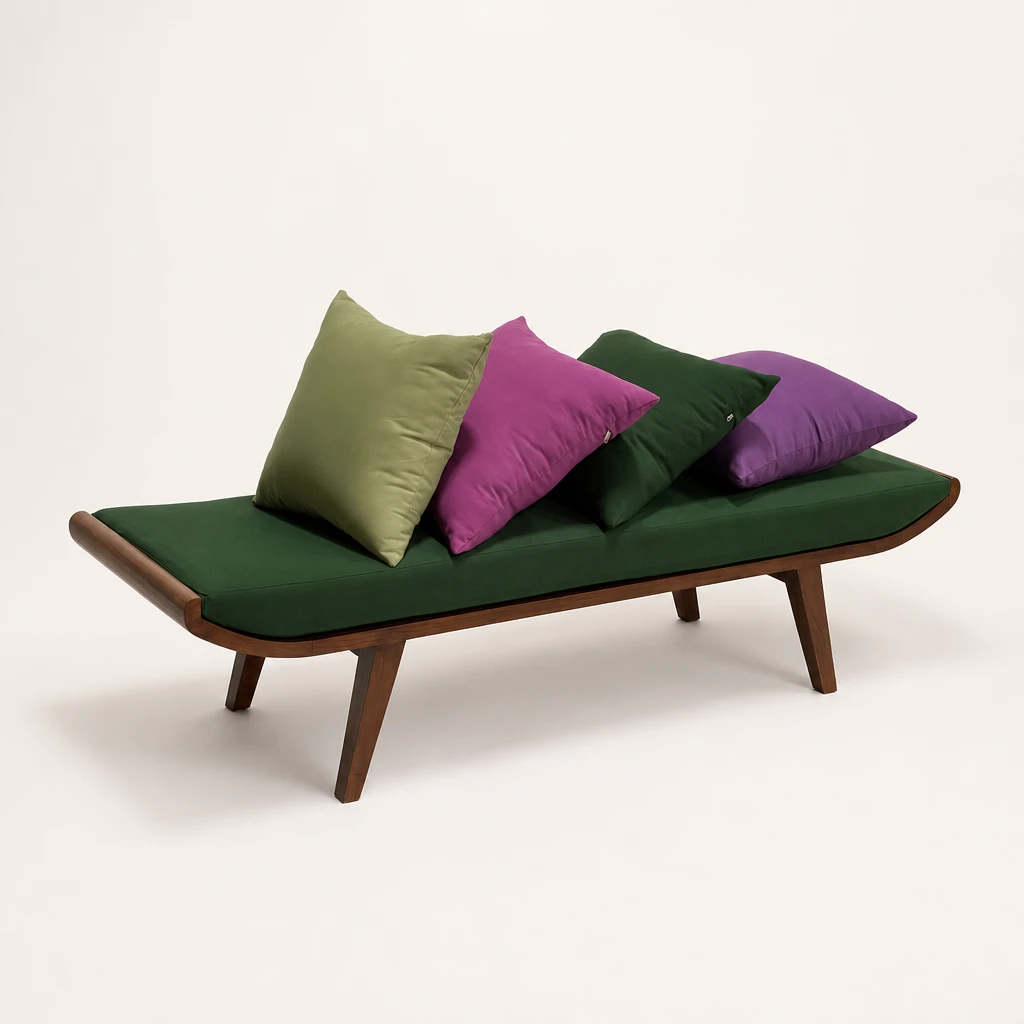 Low Upholstered Teak Chaise Bench