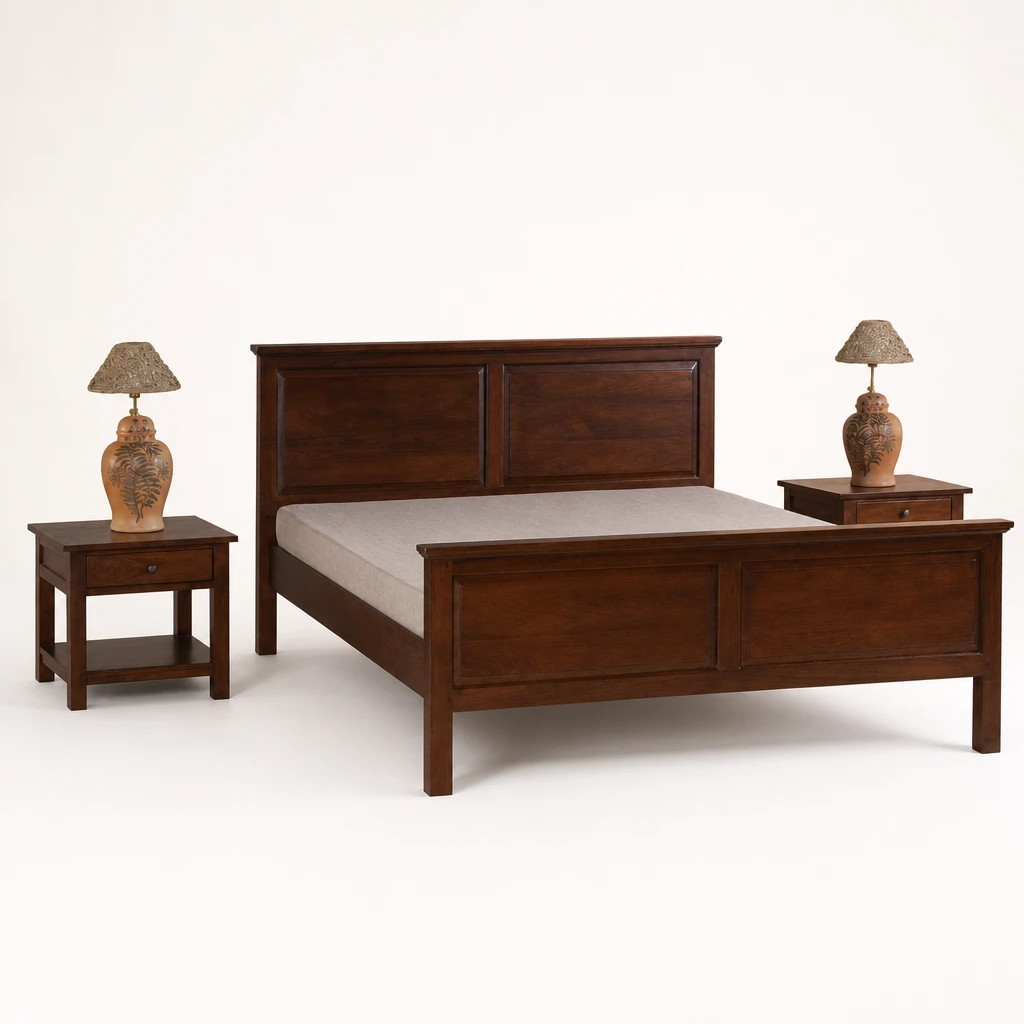 Panelled Teak Bed and Nightstand Set