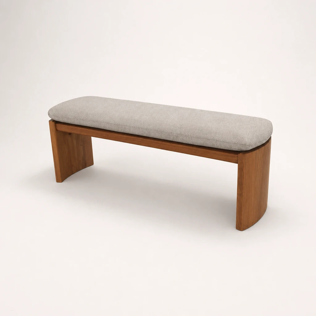 Rounded-Leg Upholstered Teak Bench