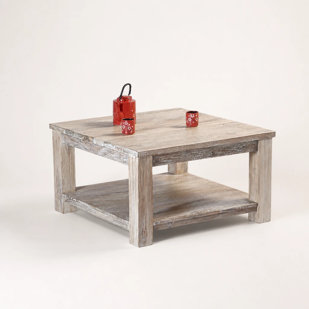 Rustic Square Teak Coffee Table with Shelf
