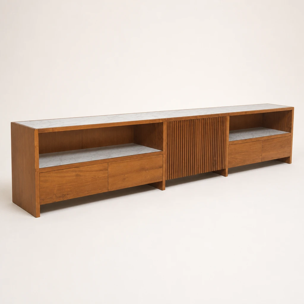 Slatted Sliding-Door Teak Media Unit