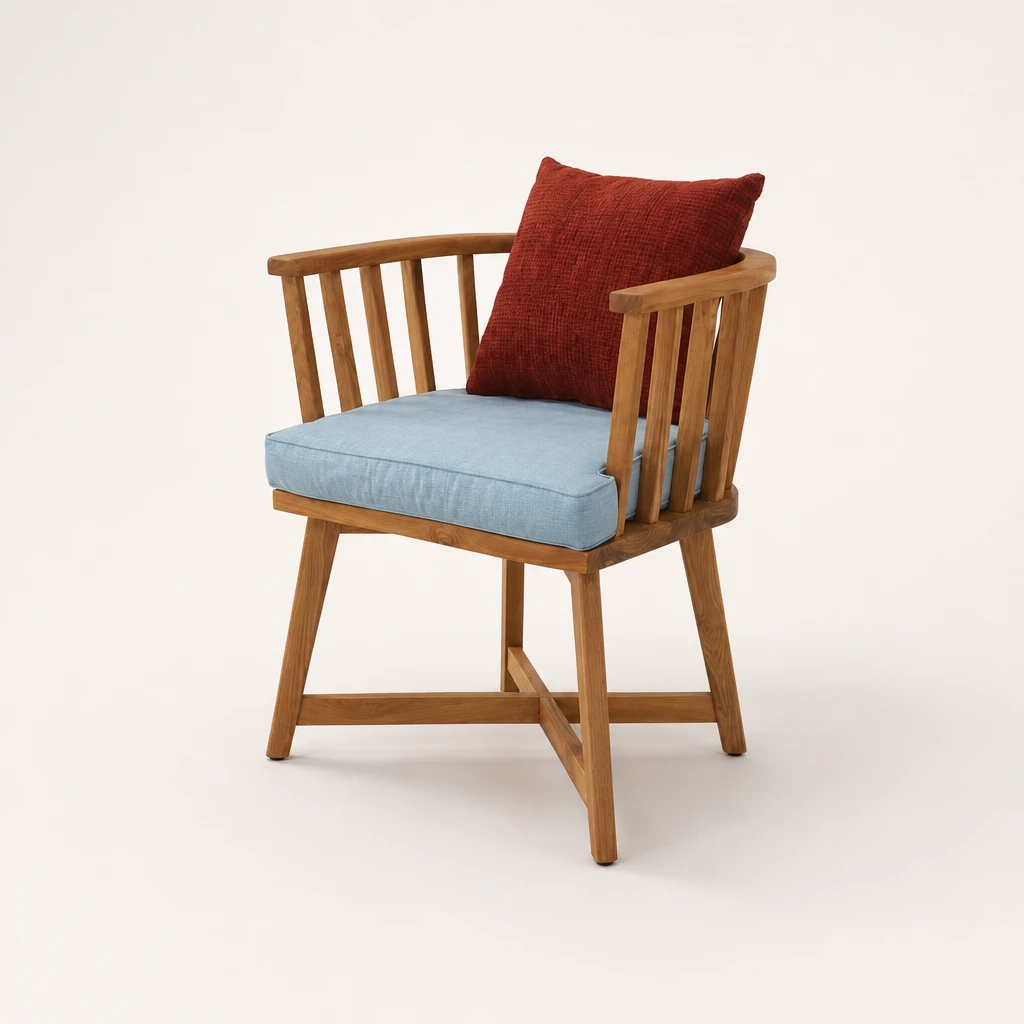 Spindle Back Upholstered Teak Dining Armchair