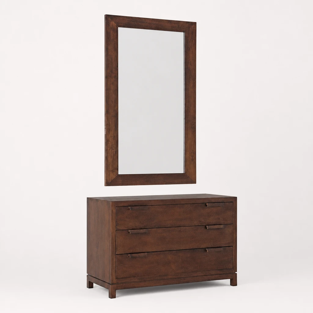 Wall Mirror and Teak Dresser Set
