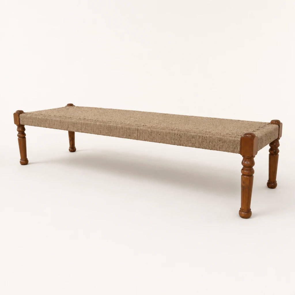 Woven Seat Turned-Leg Teak Bench